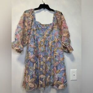 Women's Pastel Floral Appliqué Mini Dress - Blue